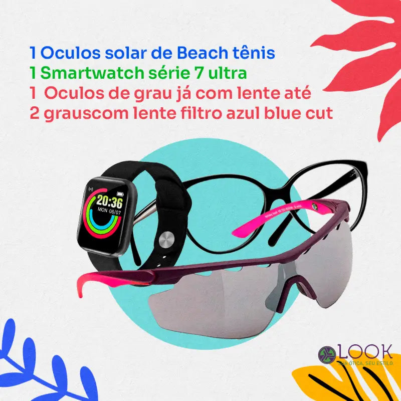 Promo de Carnaval 1 Óculos de Beach Tênis + 1 Óculos de grau ja com lente até 2 graus + 1 Smartwatch series 7 Promo de