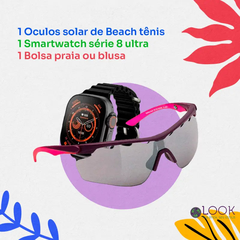 Promo de Carnaval 1 Óculos solar de beach tênis + 1 Smartwatch series 8 ultra + 1 Bolsa praia ou blusa Promo de