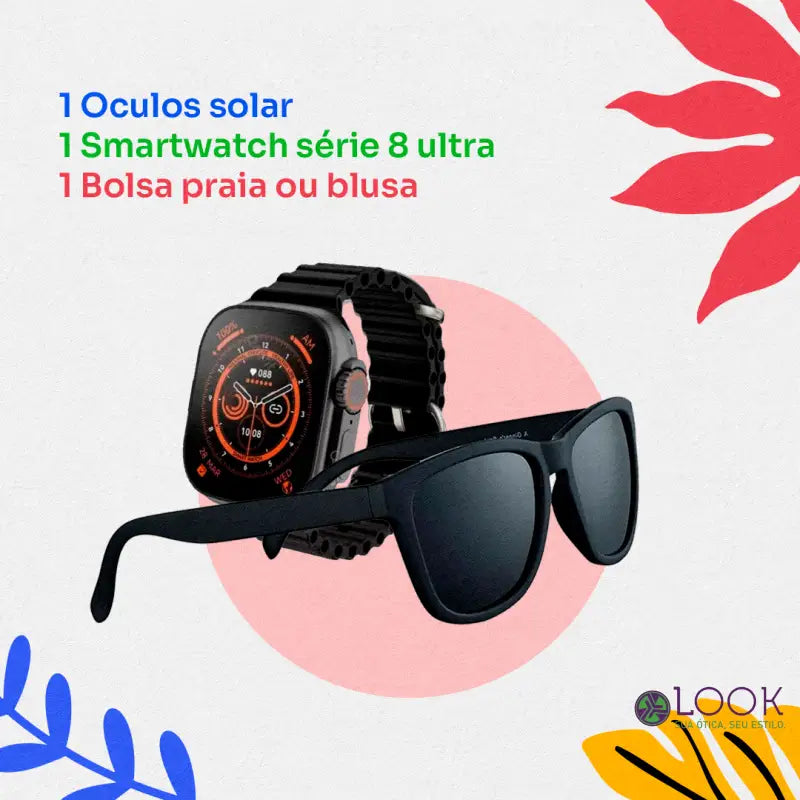 Promo de Carnaval 1 Óculos solar + 1 Smartwatch series 8 ultra + 1 Bolsa praia ou blusa Promo de Carnaval 1 Óculos