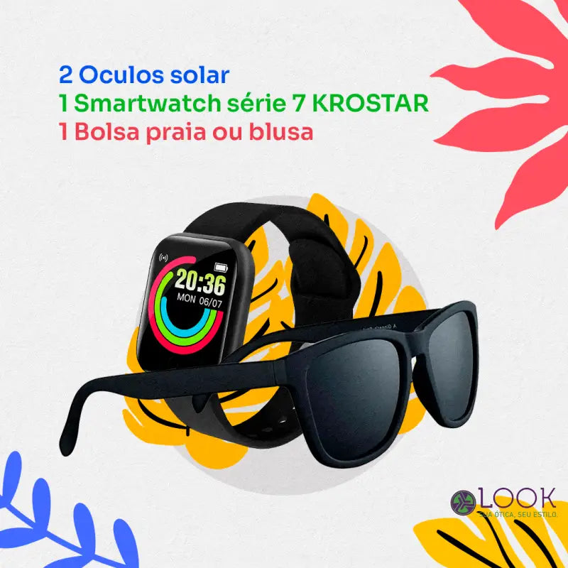 Promo de Carnaval 2 Óculos solar + 1 Smartwatch series 7 + 1 Bolsa praia ou blusa Promo de Carnaval 2 Óculos solar + 1
