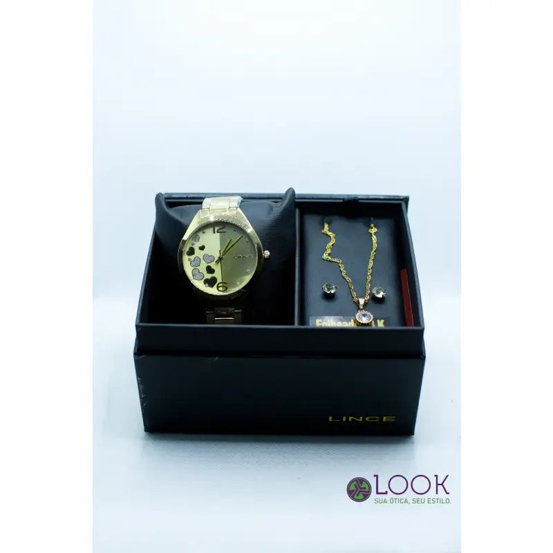 Relógio Lince Feminino Dourado LRG4710L KP09C2KX - Incolor Kit Relógio Lince Dourado Corações - LRG4710L