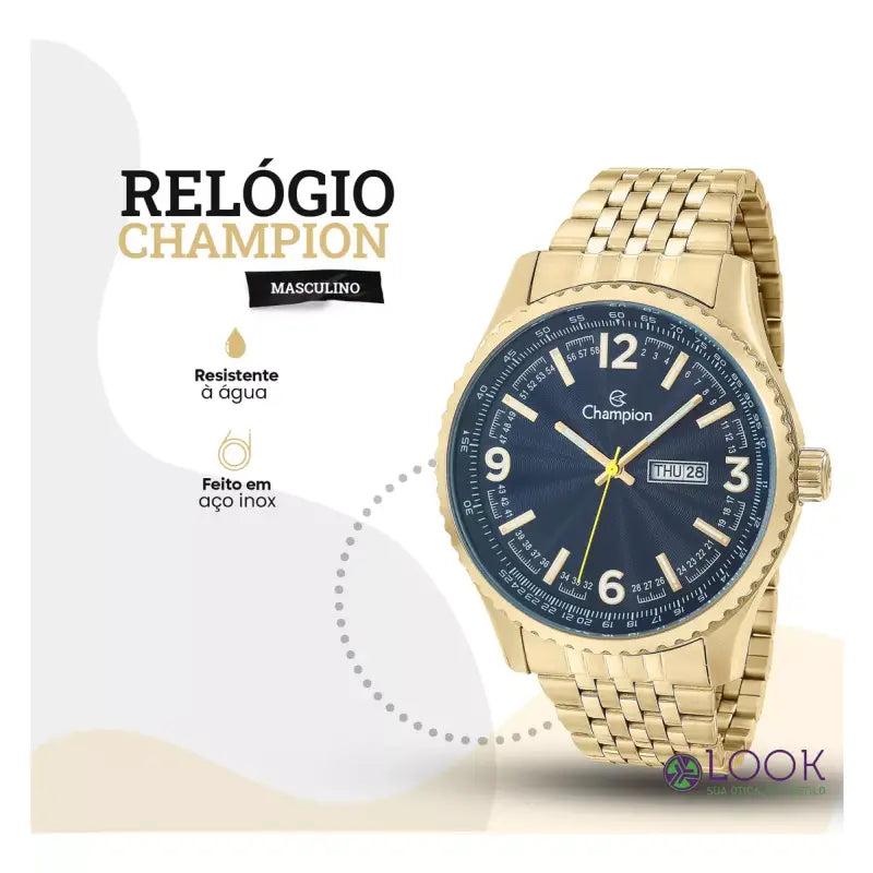 Relógio Masculino Dourado Champion Ouro Aço Azul Prova Dágua Relógio Masculino Dourado Champion Ouro Aço Azul Prova