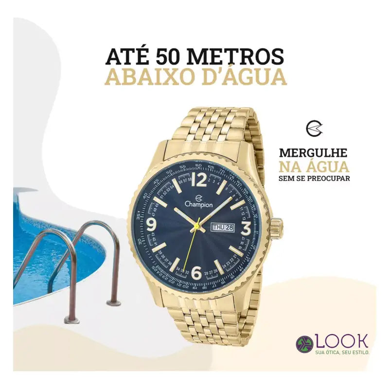 Relógio Masculino Dourado Champion Ouro Aço Azul Prova Dágua Relógio Masculino Dourado Champion Ouro Aço Azul Prova