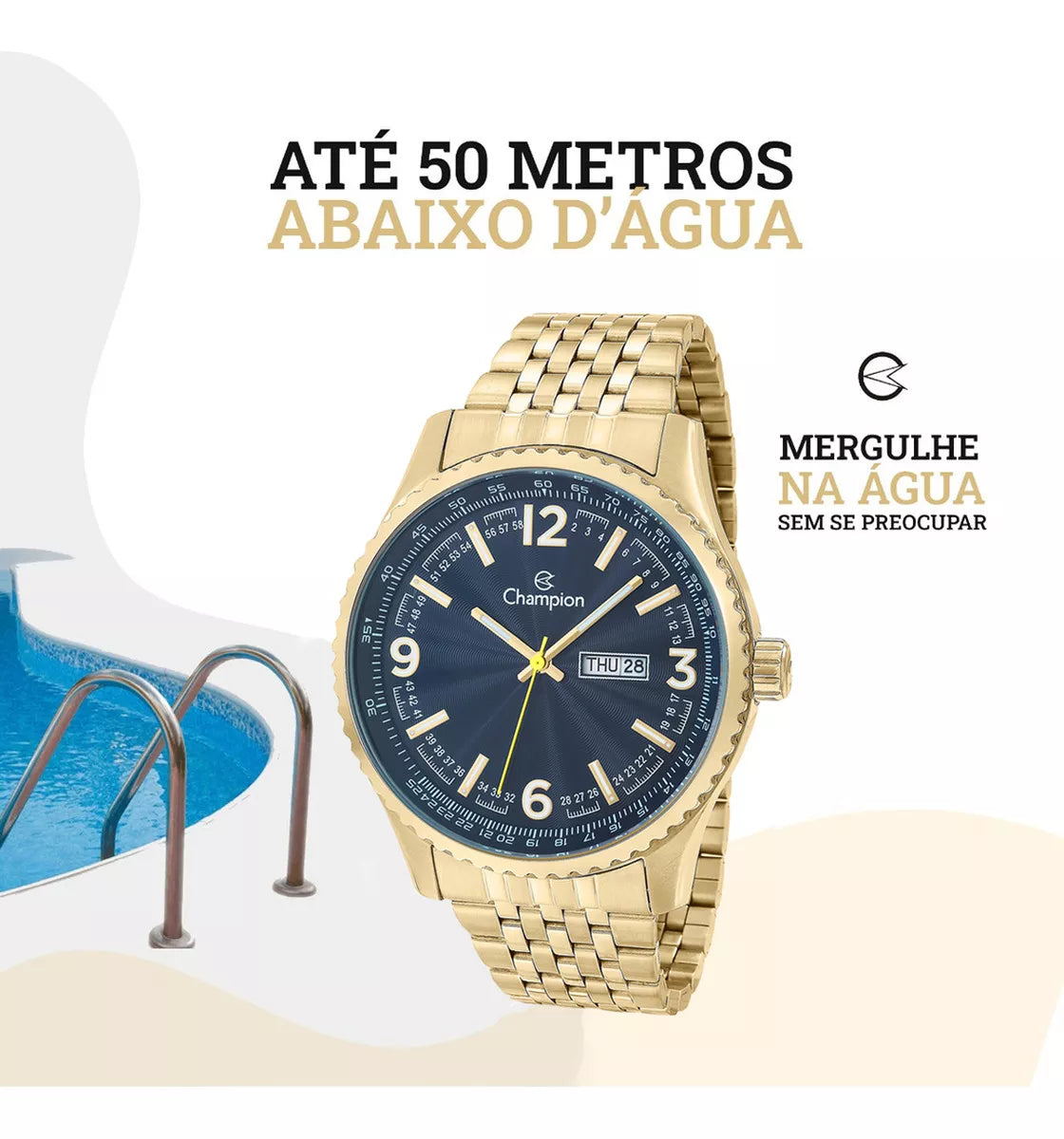 Relógio Masculino Dourado Champion Ouro Aço Azul Prova Dágua