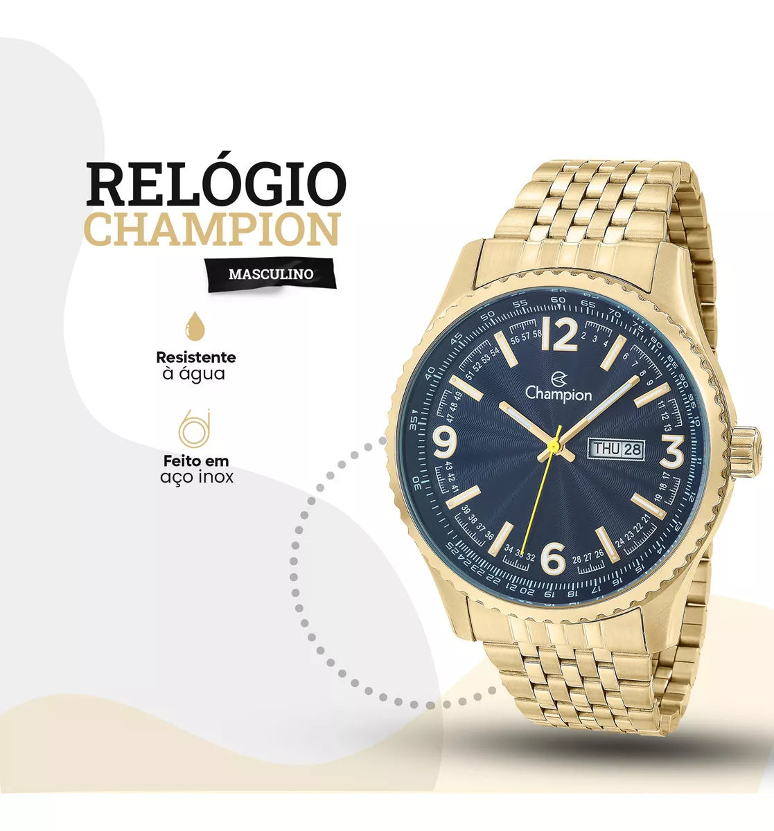 Relógio Masculino Dourado Champion Ouro Aço Azul Prova Dágua