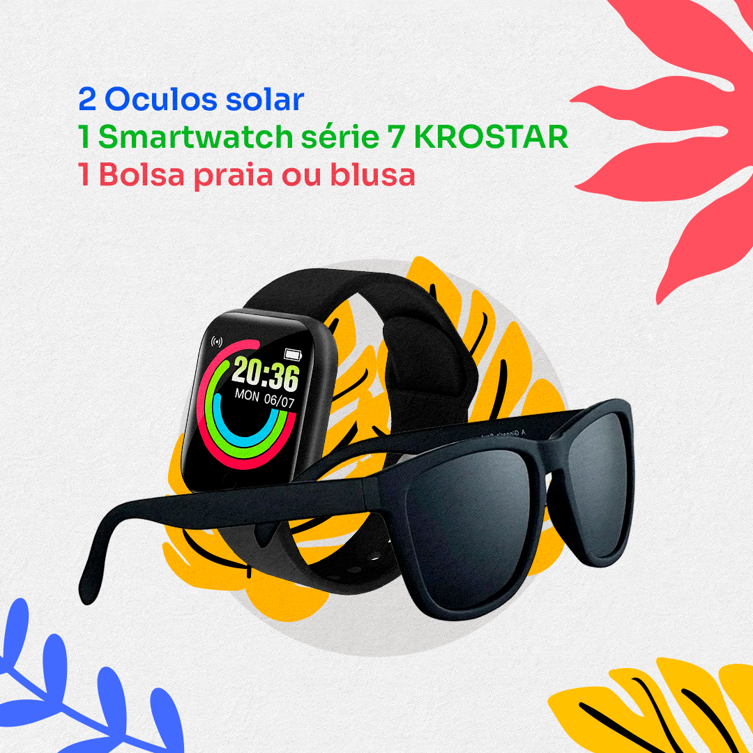 Promo de Carnaval 2 Óculos solar + 1 Smartwatch series 7 + 1 Bolsa praia ou blusa