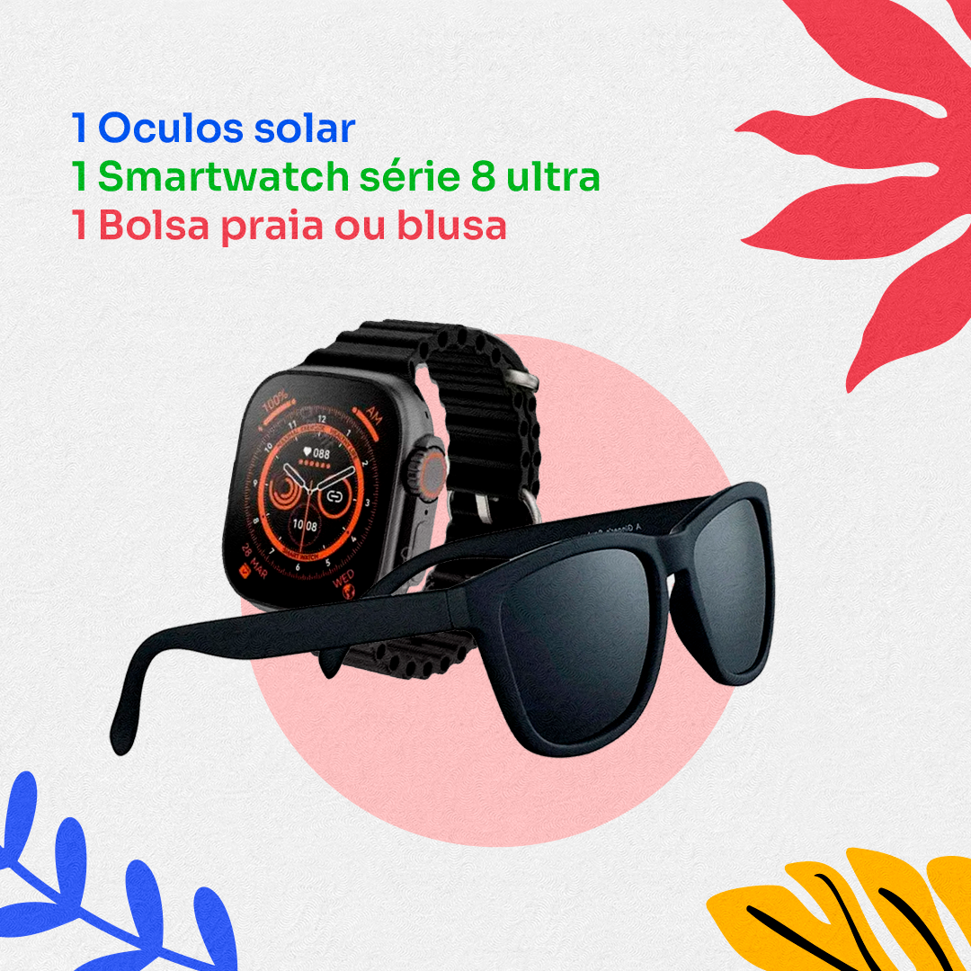 Promo de Carnaval 1 Óculos solar + 1 Smartwatch series 8 ultra + 1 Bolsa praia ou blusa