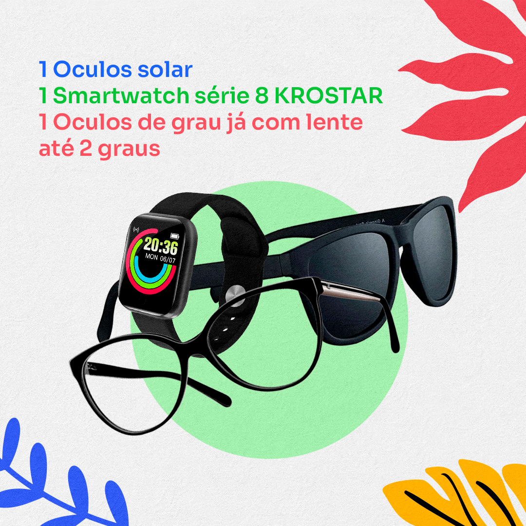 Promo de Carnaval 1 Óculos solar + 1 Óculos de grau ja com lente até 2 graus + 1 Smartwatch series 7